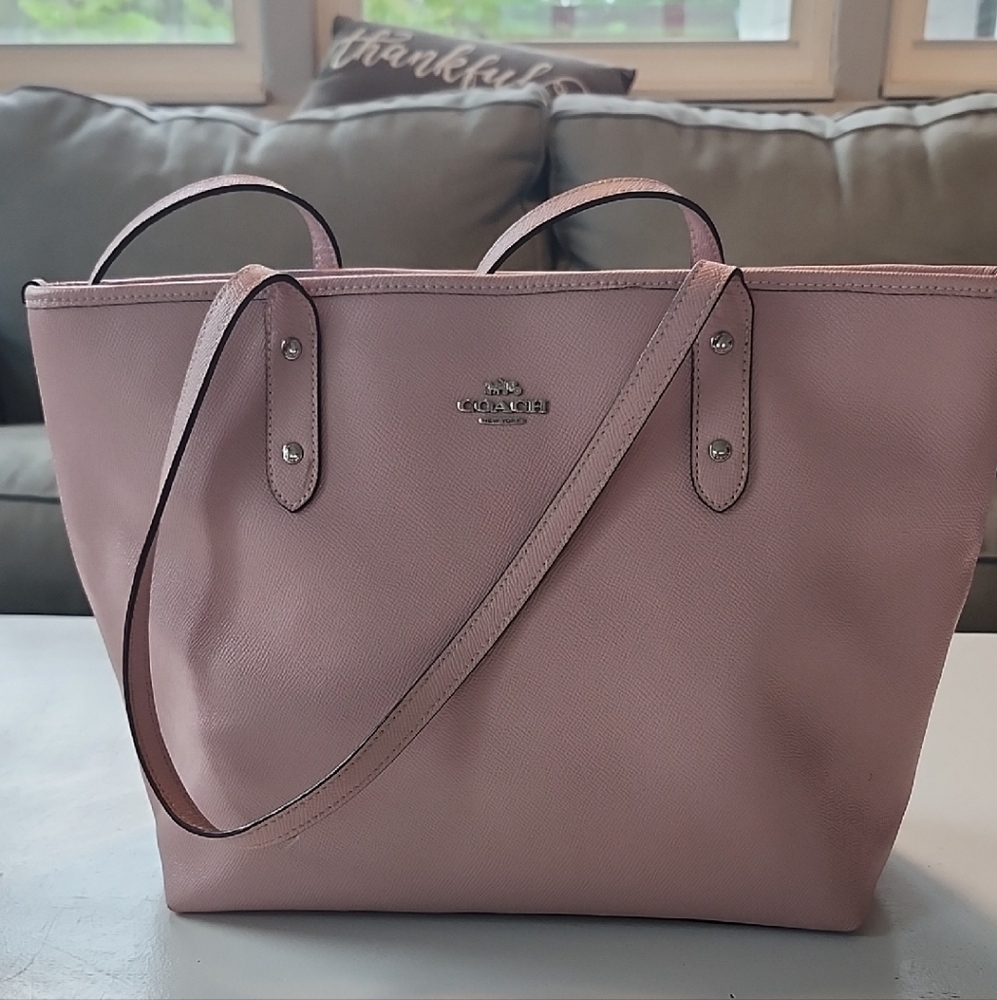 Coach Pink Leather Tote with Metallic Emblem